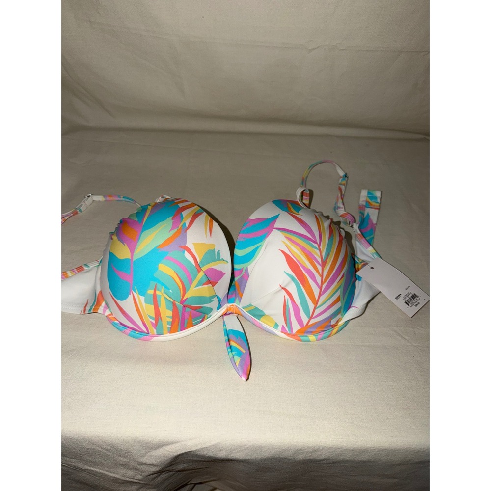 Kohl's Tropical Palm Tie Front Push Up Underwire Bikini Top White XXL NWT